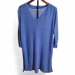 Linen Viscose Knit V-Neck Blue Tunic M Coastal Resort Lagenlook Swim Cover Beach